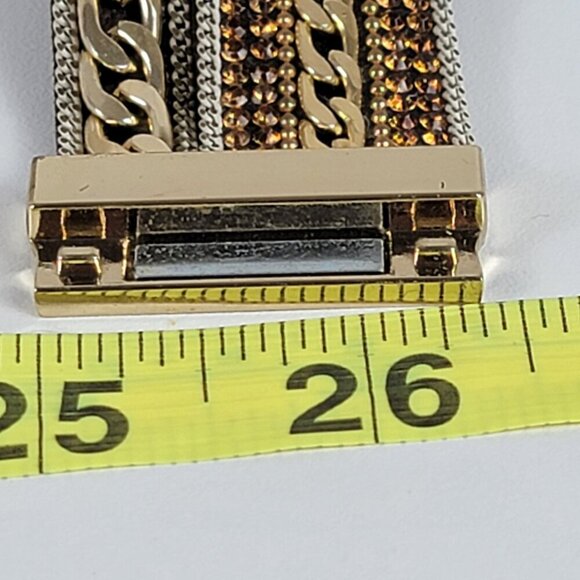 Gold-Tone Multi Chain Charm Leather Cuff Bracelet 7 In Magnetic Clasp - Picture 13 of 13